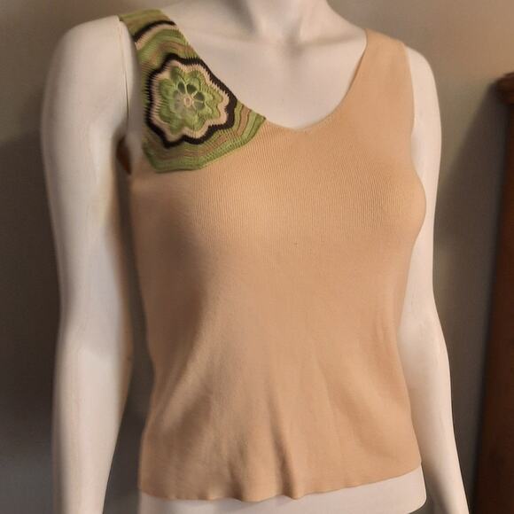 Vntg 90s Ann Taylor Loft Cream Tank Top Small Crochet Flower Cutout Y2K Ponte - Picture 1 of 10